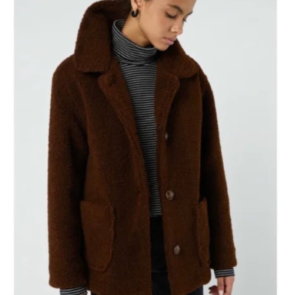 Oak + Fort Made in Korea Brown Faux Fur Teddy Coat Jacket Size S